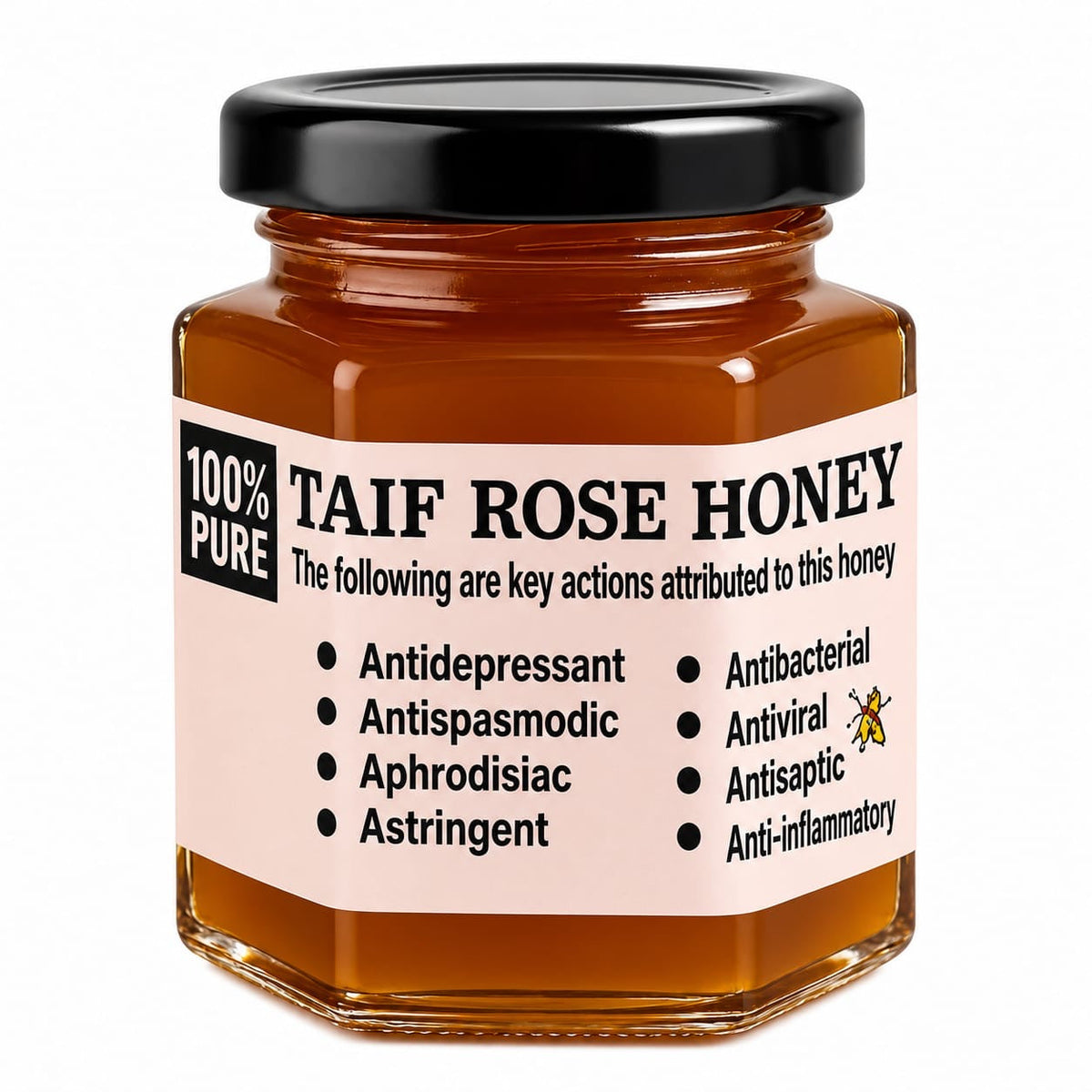 Taif Rose Honey 250g jar, original packaging and front label on white background